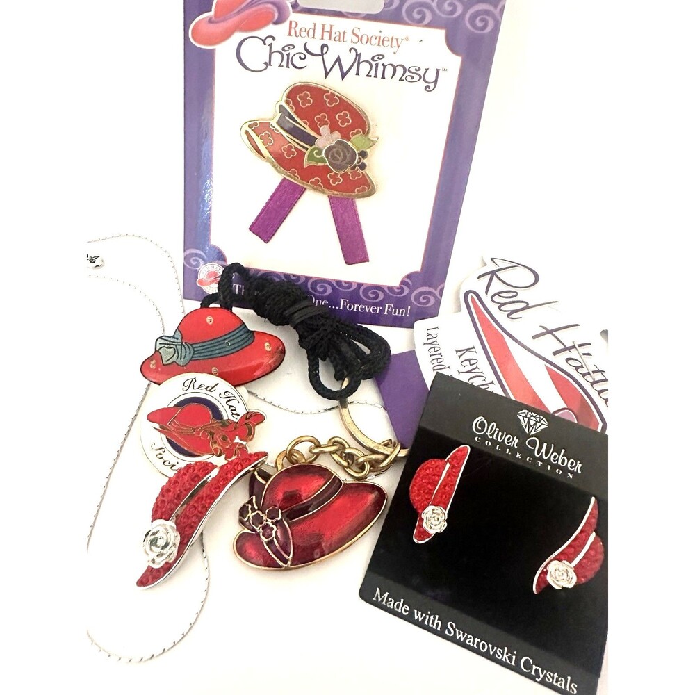 Red Hat Society Hat Pins, Necklaces, Keychain, Earring Lot Of 6 Fashion Jewelry